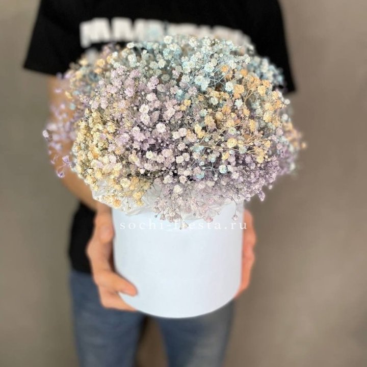 9 Радужных гипсофил в шляпной коробке в Тюмени